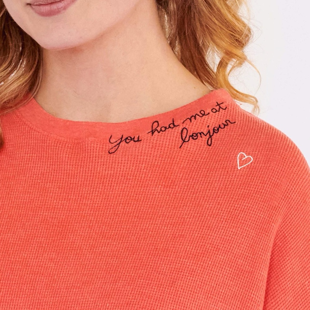Sundry, Women's Red Long-Sleeve waffle Crewneck Top, embroidered  (Medium)